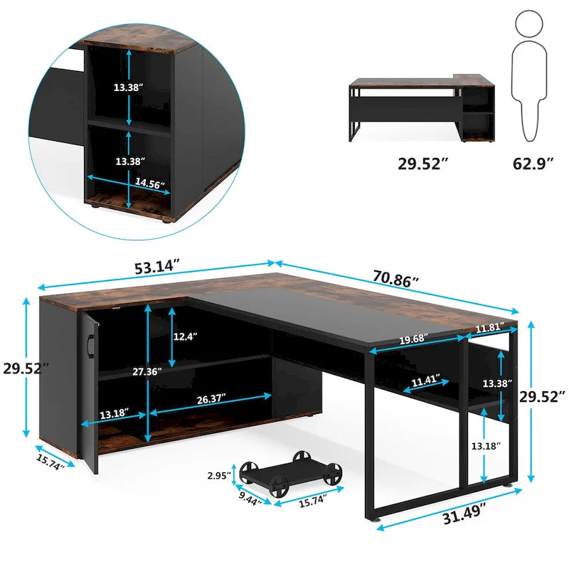 71 inch Executive Desk, L Shaped Desk with Cabinet and Shelves for Home Office