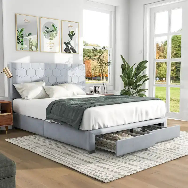 Honeycomb Modern Grey Velvet Headboard Storage Guest Bed by 