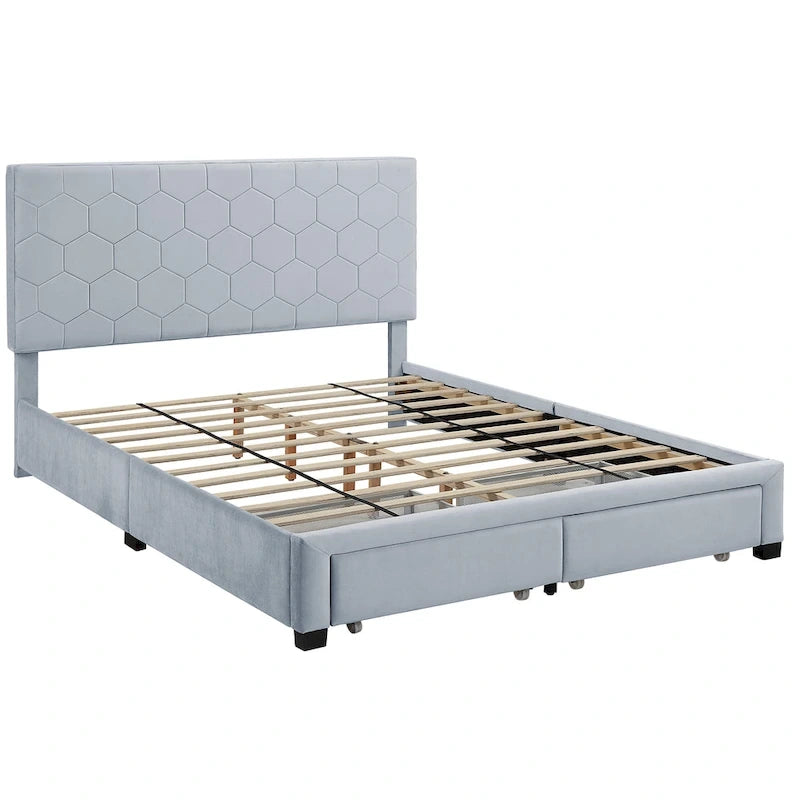 Honeycomb Modern Grey Velvet Headboard Storage Guest Bed by