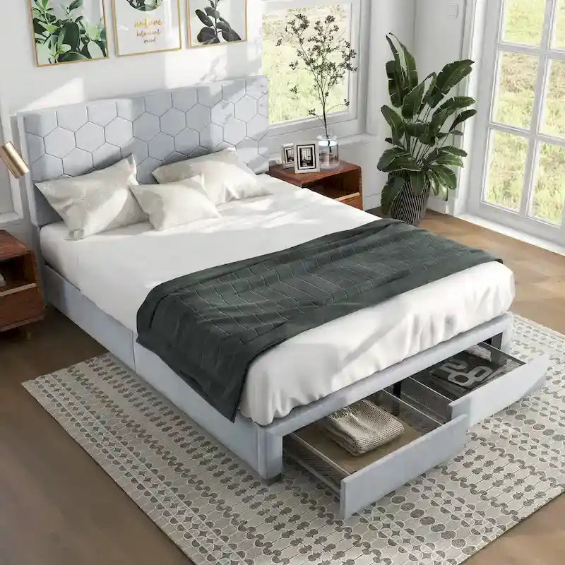 Honeycomb Modern Grey Velvet Headboard Storage Guest Bed by