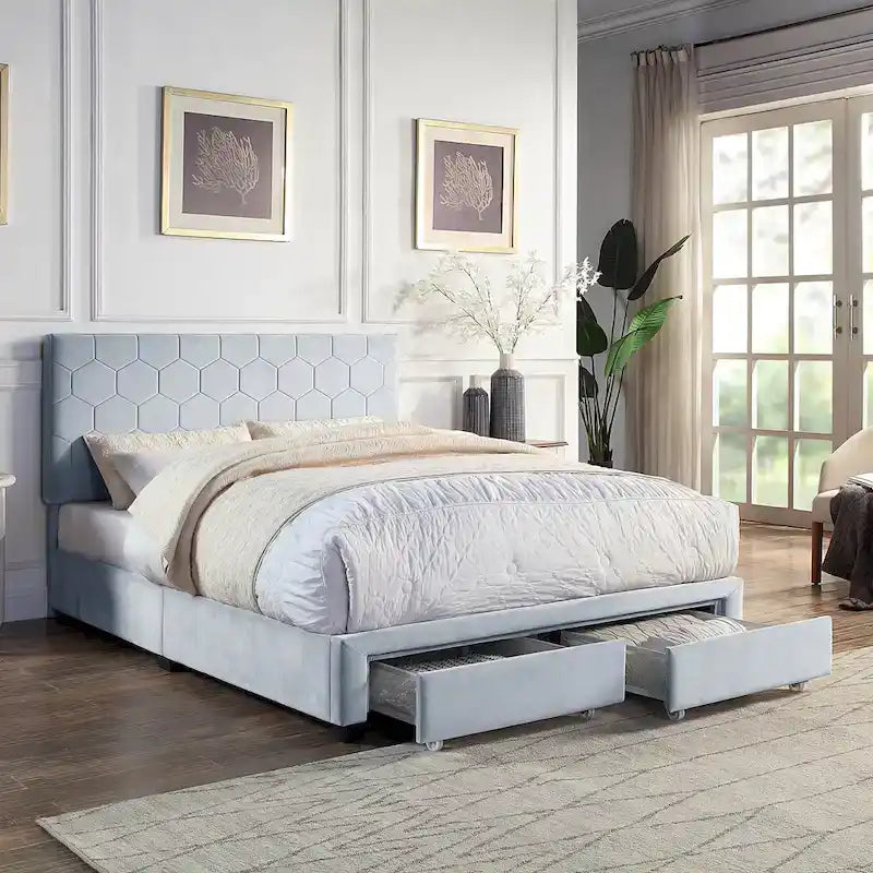 Honeycomb Modern Grey Velvet Headboard Storage Guest Bed by