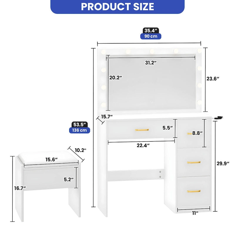  35.4 Mirror Makeup Vanity Table with Stool and Light Bulb - 35.4L x 15.7W x 53.5H
