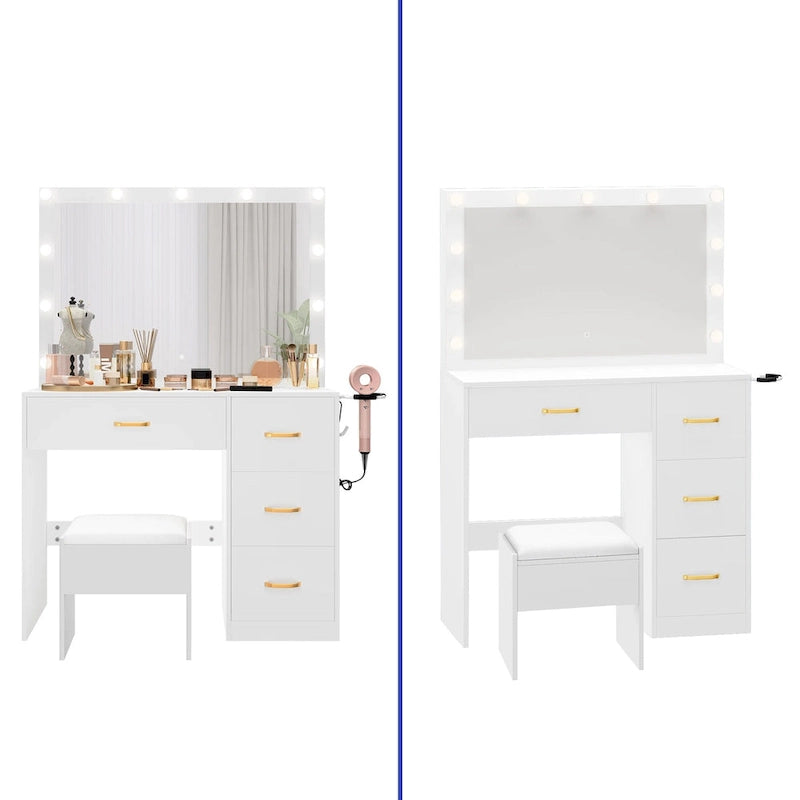 35.4 Mirror Makeup Vanity Table with Stool and Light Bulb - 35.4L x 15.7W x 53.5H