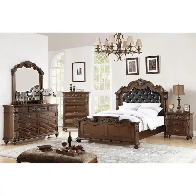 Wooden Bed With Padded Headboard in Dark Cherry Finish