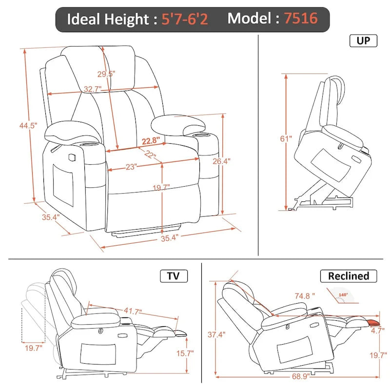 Large Power Lift Recliner Chair with Massage, Cup Holders, Extended Footrest, Fabric 7516