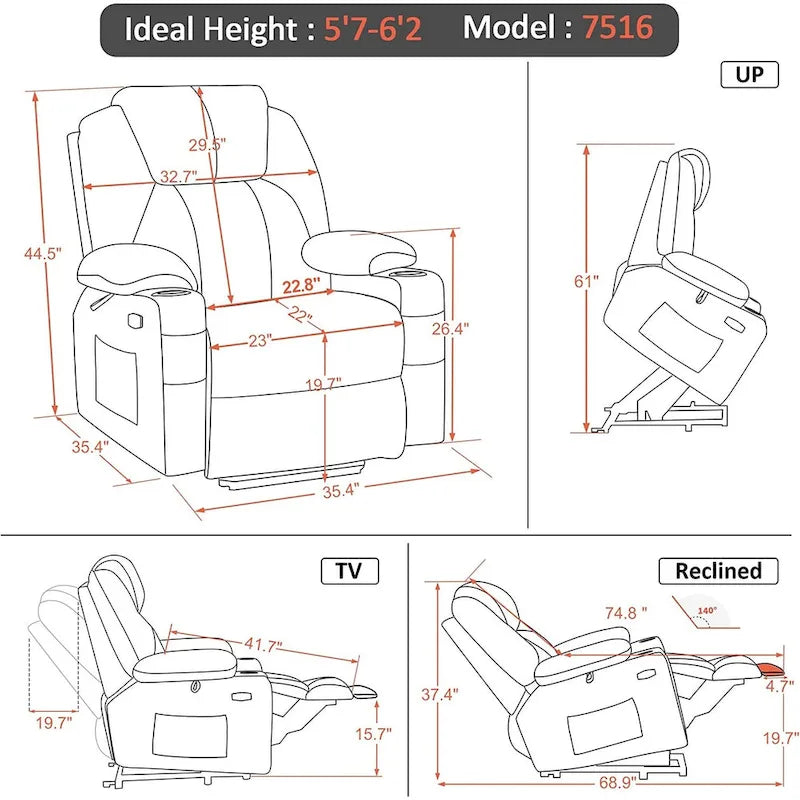 Large Power Lift Recliner Chair with Massage, Cup Holders, Extended Footrest, Fabric 7516