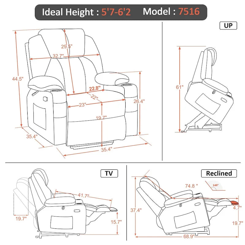 Large Power Lift Recliner Chair with Massage, Cup Holders, Extended Footrest, Fabric 7516