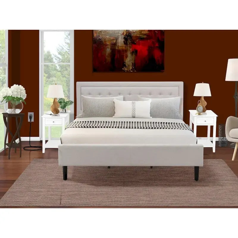 Platform King Size Bedroom Set with 1 Bed Frame and Nightstands - Mist Beige Linen Fabric(Pieces Options)