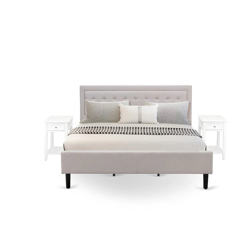 Platform King Size Bedroom Set with 1 Bed Frame and Nightstands - Mist Beige Linen Fabric(Pieces Options)