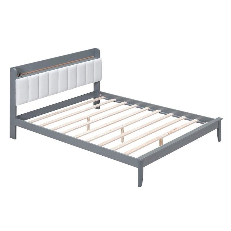 Platform Bed with USB Charging Station and Storage Upholstered Headboard,LED Bed Frame,No Box Spring Needed