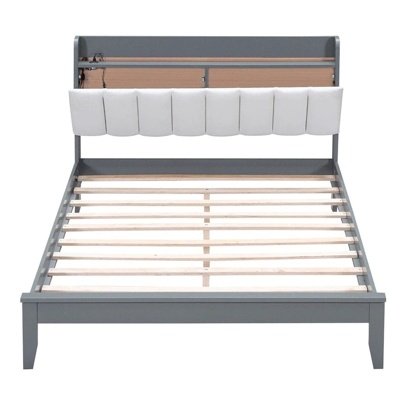 Platform Bed with USB Charging Station and Storage Upholstered Headboard,LED Bed Frame,No Box Spring Needed