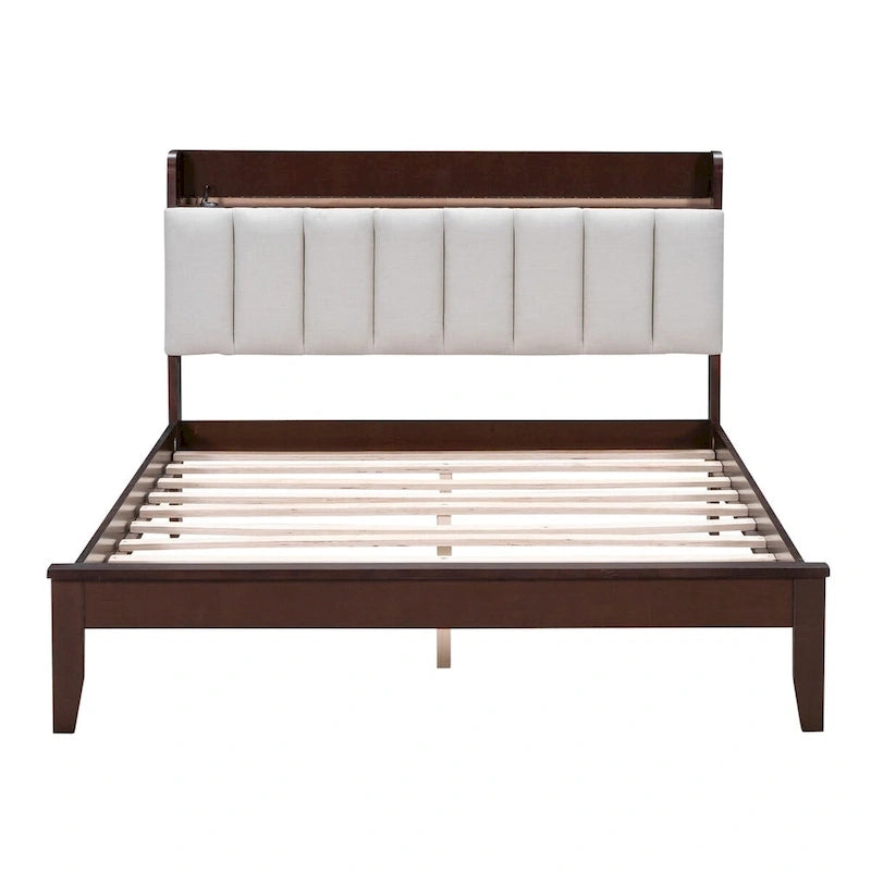 Platform Bed with USB Charging Station and Storage Upholstered Headboard,LED Bed Frame,No Box Spring Needed