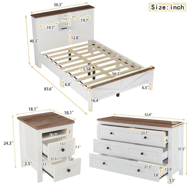 3-Pieces Full Bedroom Sets with Nightstand and Dresser