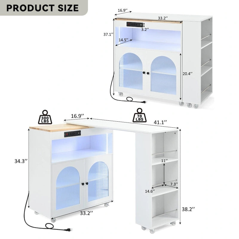 Kitchen Island With Extended Table and LED Lights
