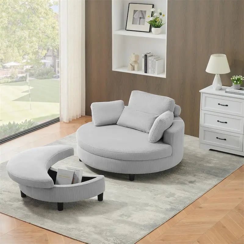 Corduroy Sofa Chair with Ottoman, 2 Throw Pillows and 1 Waist Pillow