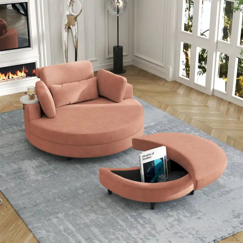 Corduroy Sofa Chair with Ottoman, 2 Throw Pillows and 1 Waist Pillow