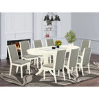  9 Piece Kitchen Table Set- an Oval Dining Table and 8 Shitake Linen Fabric Chairs, Linen White