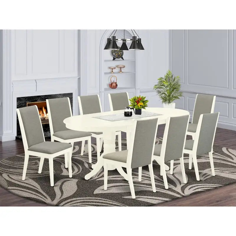  9 Piece Kitchen Table Set- an Oval Dining Table and 8 Shitake Linen Fabric Chairs, Linen White
