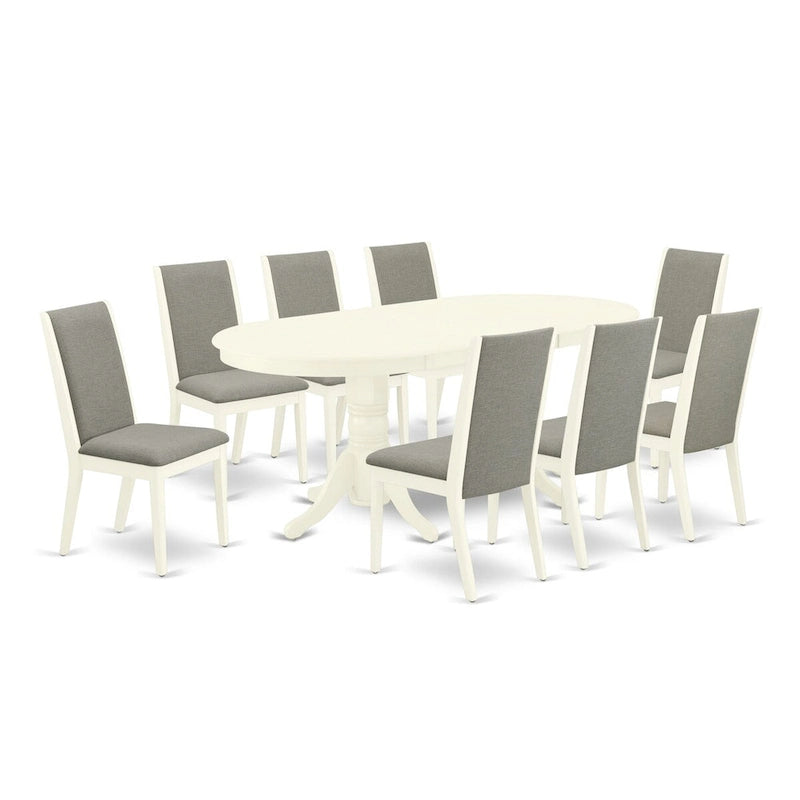 9 Piece Kitchen Table Set- an Oval Dining Table and 8 Shitake Linen Fabric Chairs, Linen White