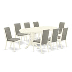 9 Piece Kitchen Table Set- an Oval Dining Table and 8 Shitake Linen Fabric Chairs, Linen White