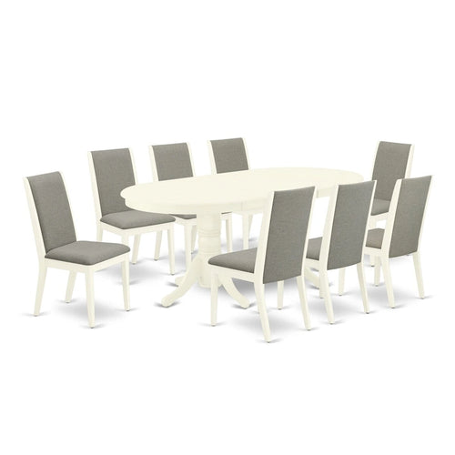 9 Piece Kitchen Table Set- an Oval Dining Table and 8 Shitake Linen Fabric Chairs, Linen White