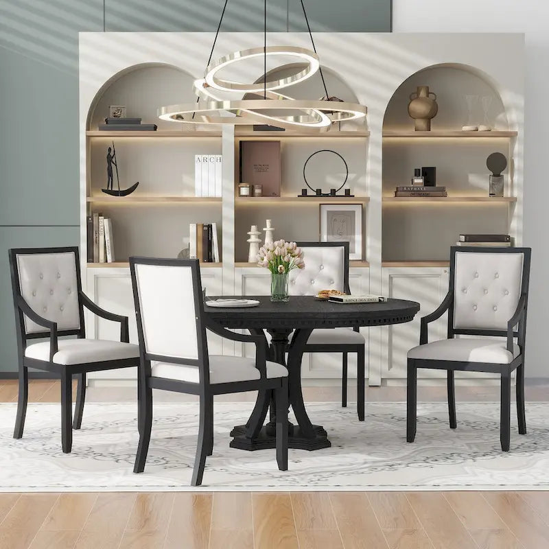 Retro 5-piece Dining Set Extendable Round Table and 4 Chairs for Kitchen Dining Room