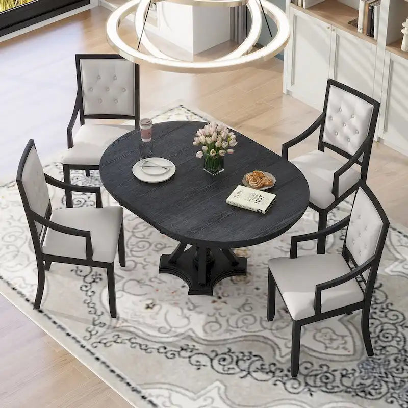 Retro 5-piece Dining Set Extendable Round Table and 4 Chairs for Kitchen Dining Room