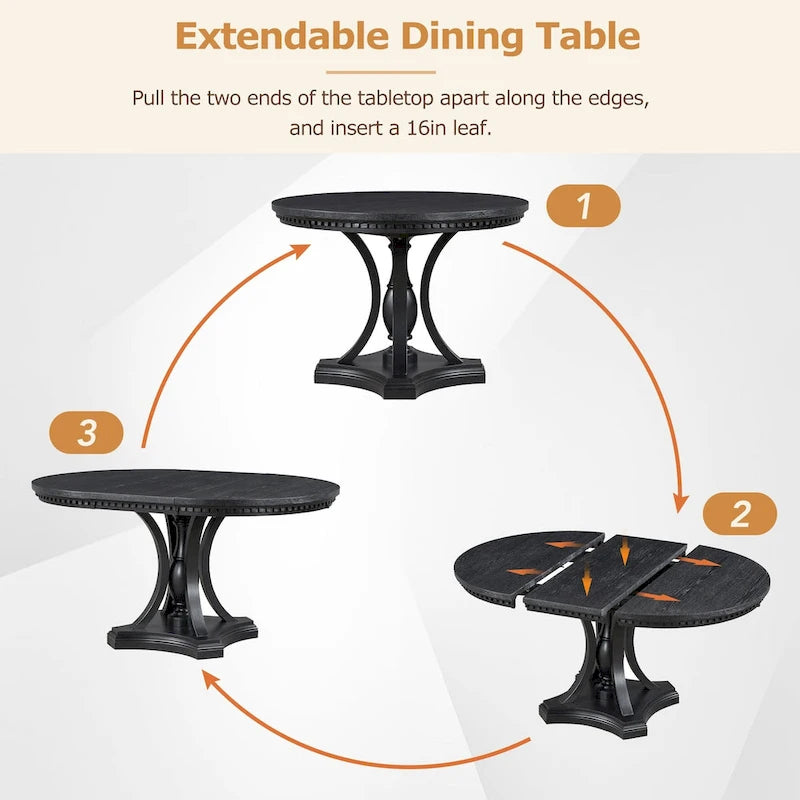 Retro 5-piece Dining Set Extendable Round Table and 4 Chairs for Kitchen Dining Room