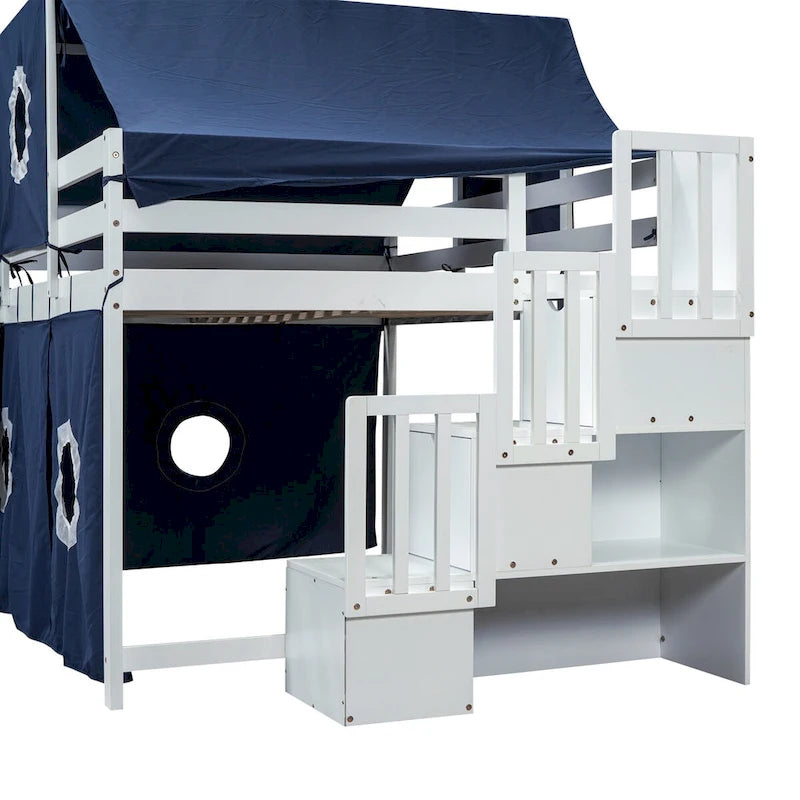 House Full Loft Bed with Slide,Storage Stairs and Tent,Tower and Ladders, Playhouse Full Bed Frame for Kids