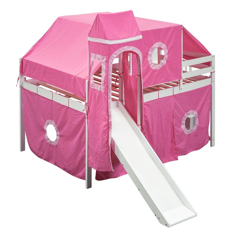 House Full Loft Bed with Slide,Storage Stairs and Tent,Tower and Ladders, Playhouse Full Bed Frame for Kids