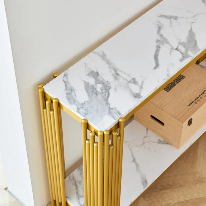 2 Tier Faux Marbling Console Table, Living Room Sofa Table, Modern Narrow Entryway Table, Hallway Entrance Table