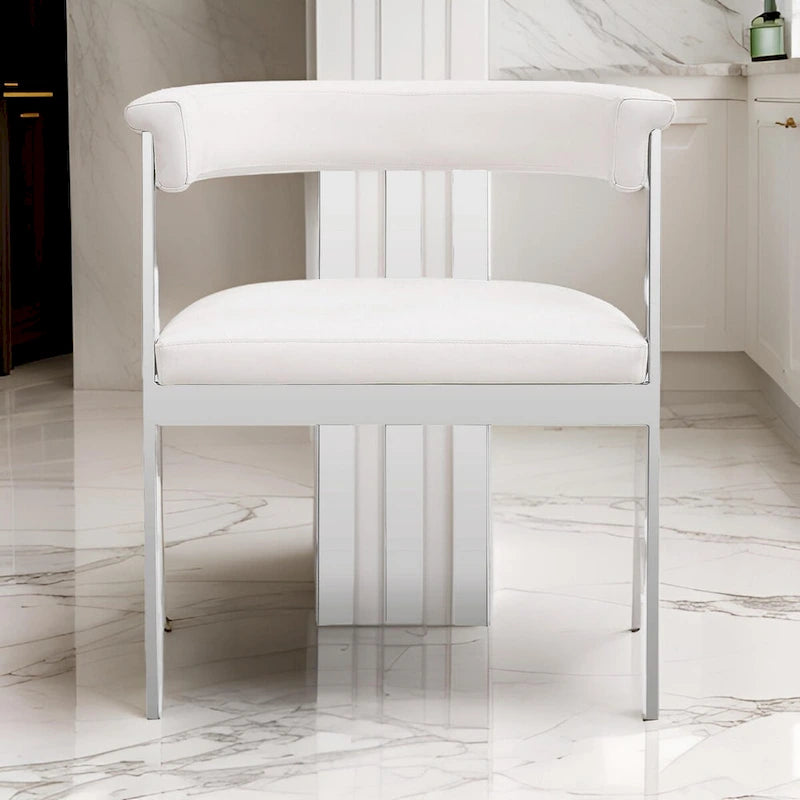 25 Inch Dining Chair, White Faux Leather, Stainless Steel Frame