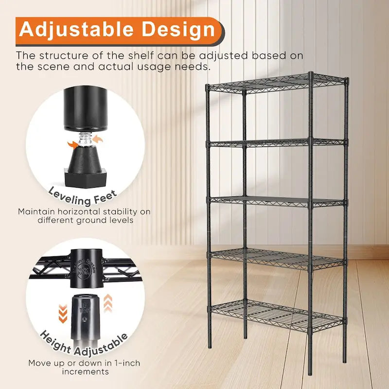 Storage Shelving Unit, Adjustable Metal Wire Racks Heavy Duty Standing Shelf Organizer for Kitchen,Closet, Pantry, Garage,5-Tier