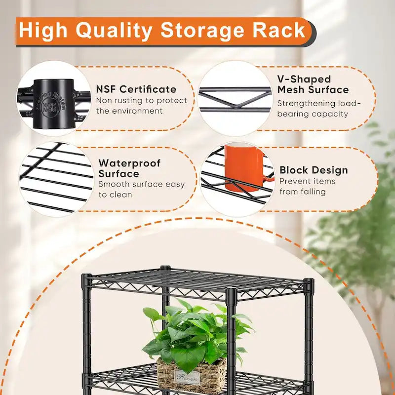 Storage Shelving Unit, Adjustable Metal Wire Racks Heavy Duty Standing Shelf Organizer for Kitchen,Closet, Pantry, Garage,5-Tier
